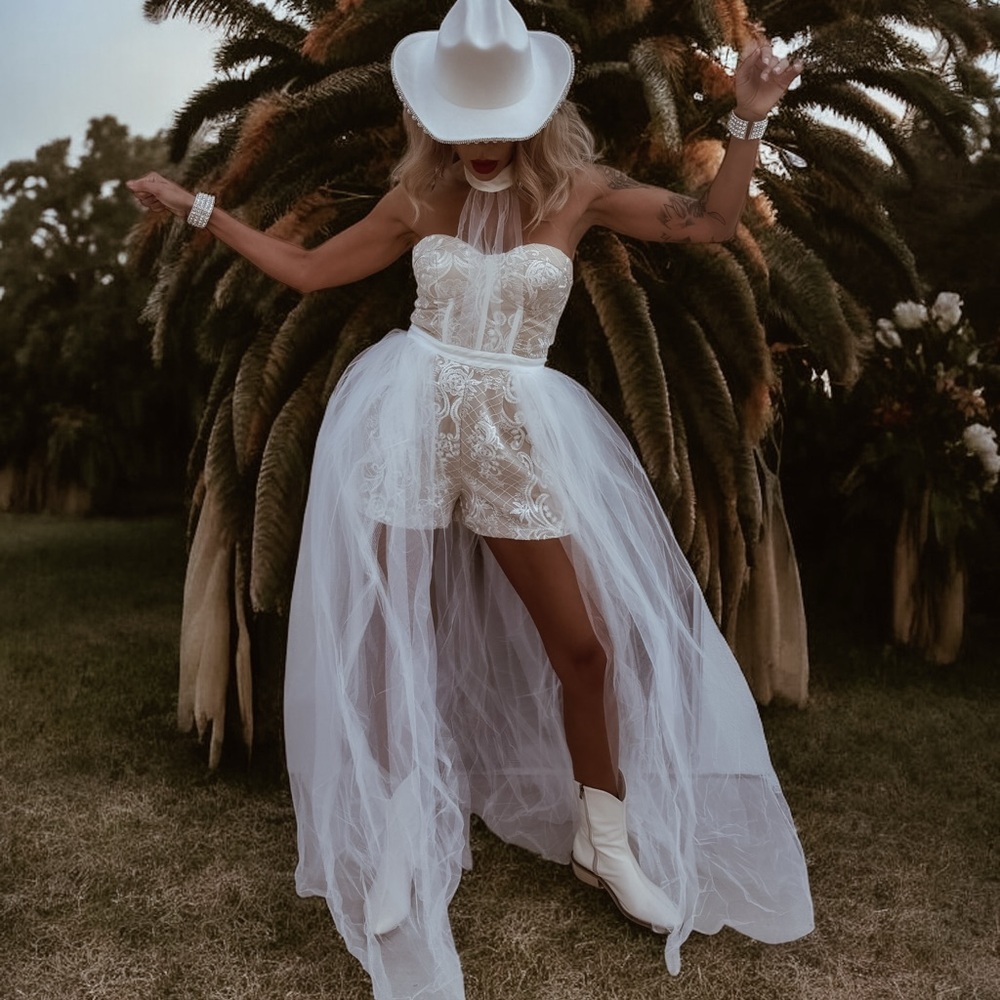 Bridal Romper with Attached Train, Western Wedding Jumpsuit